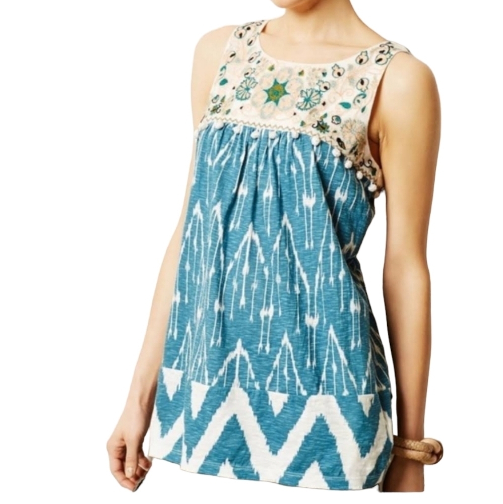 Anthropologie Floreat Cascata Embroidered Pom Pom Tunic Tank Top‎